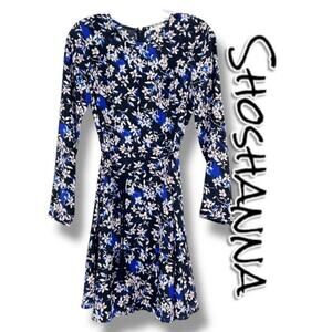 Shoshanna 100% Silk Floral Black Blue Dress Long Sleeves Tie Waist Womens Sz 2